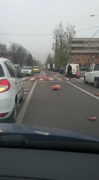 Plouă cu carne congelată, la Constanţa: şoferii au făcut slalom printre hălci