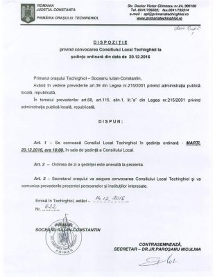 Consilierii locali din Techirghiol, convocați în ședință ordinară