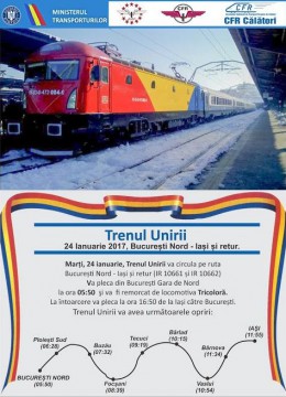 Trenul Unirii duce simbolul unirii românilor de la Bucureşti la Iaşi, pe 24 ianuarie