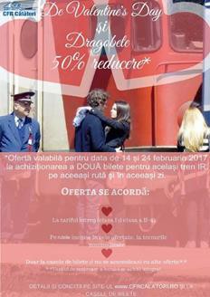 OFERTĂ PENTRU ÎNDRĂGOSTIȚI: Două bilete CFR la preț de unul, de Dragobete!