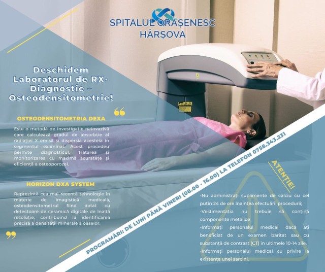 Primăria Hârșova anunță că Spitalul Orășenesc Hârșova a primit autorizația de funcționare a Laboratorului de RX-Diagnostic – Osteodensitometrie