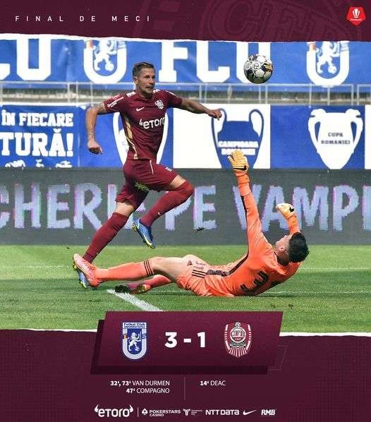 CFR Cluj a învins Chindia Târgovişte, scor 2-0, după un meci pe care clujenii l-au încheiat în nouă jucători şi cu Dan Petrescu eliminat