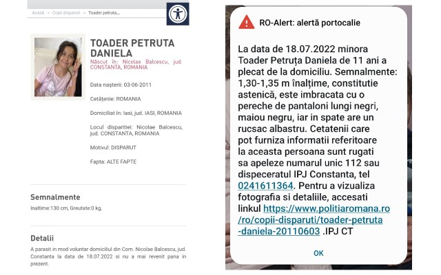 Mesaj Ro-Alert în cazul unui copil dispărut la Constanța!