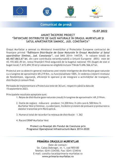 Anunț începere proiect „Înființare distribuție de gaze naturale în orașul Murfatlar și satul aparținător Siminoc, jud. Constanța”