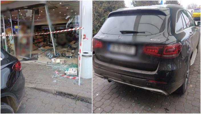 Un șofer a intrat cu Mercedesul în vitrina unei benzinării din Arad
