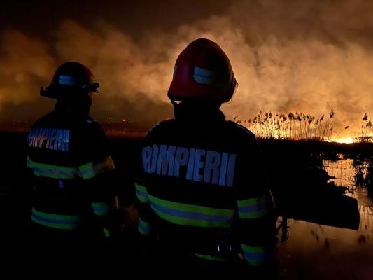 Incendiu de vegetație stuficolă, în apropiere de localitatea Satu Nou. Video