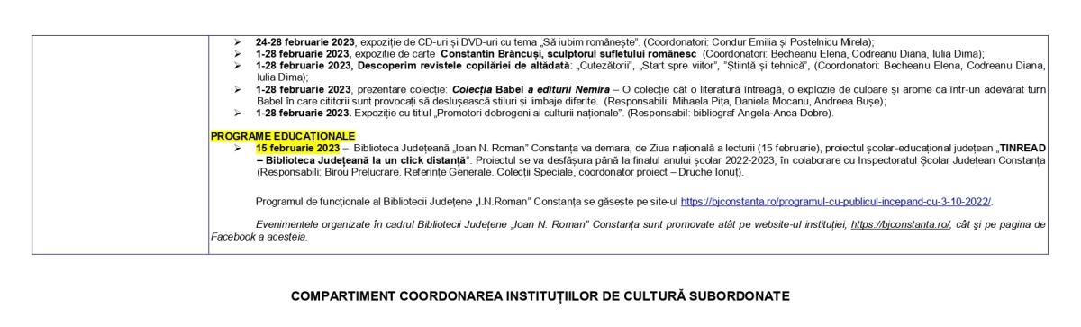 Activitati culturale desfasurate de catre institutiile publice de cultura subordonate Consiliului Judetean Constanta - saptamana 27 februarie 2023 – 05 martie 2023