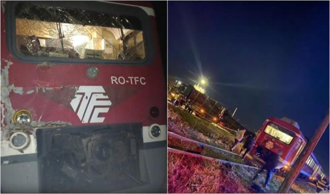 TIR încărcat cu lemne răsturnat, după ce a fost lovit în plin de un tren cu călători