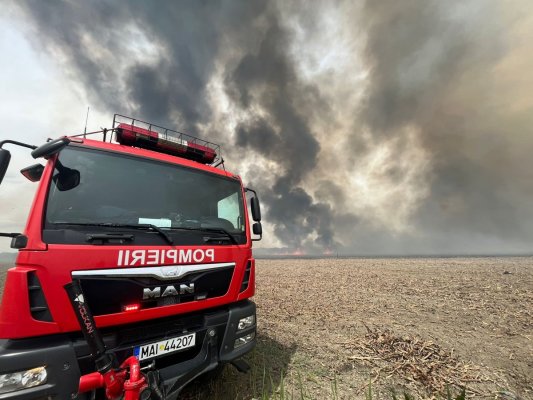 Incendiu vegetație uscată și stuf, stins după 4 ore, de pompierii tulceni. Video