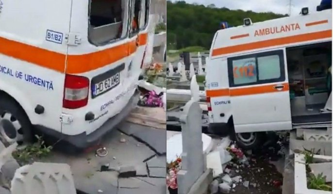 Ambulanţă peste mormintele din cimitir. Şoferul a uitat să tragă frâna de mână