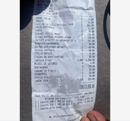 Nota de plată exorbitantă plătită de turiști, pentru un prânz în Năvodari