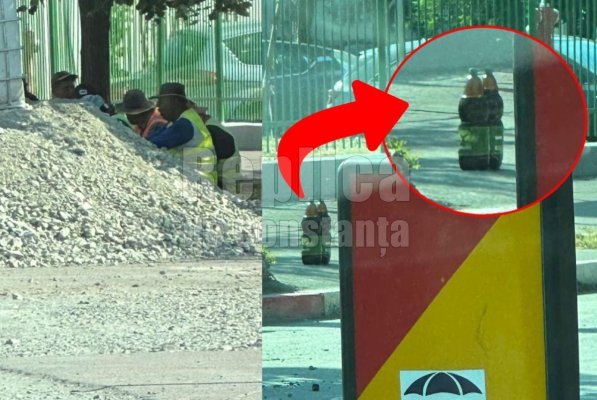 Muncitorii de pe bdul.  Al. Lăpușneanu, la începutul zilei de muncă cu berea în nas, la umbră!