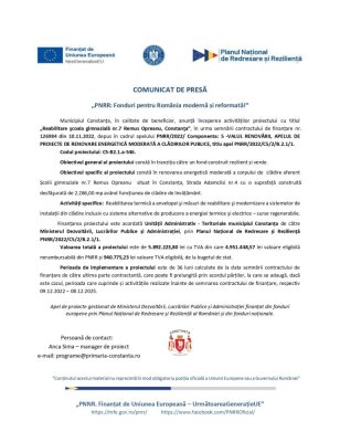 Școala ”Remus Opreanu”, reabilitată energetic prin PNNR