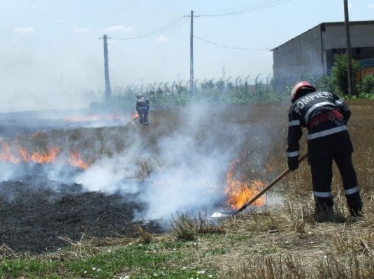 Tractor în flăcări, în localitatea Hagieni. Focul s-a extins la o miriște