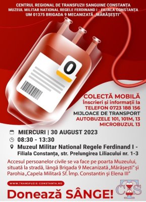 Acţiune de donare de sânge, pe 30 august, la Muzeul Militar National „Regele Ferdinand I“