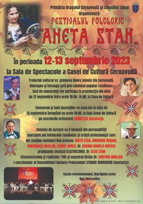 Festivalul Folcloric „Aneta Stan“ va avea loc la Cernavodă, în perioada 12 – 13 septembrie