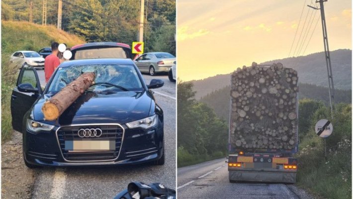 Parbriz străpuns de un buștean căzut dintr-un camion, pe DN10, în Brașov