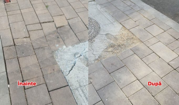 Speriați de urmări, „meseriașii“ de la Electrogrup au reparat pavelele distruse de cifa parcată pe trotuar
