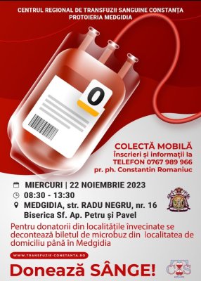 Acțiune de donare de sânge miercuri, 22 noiembrie, la Medgidia