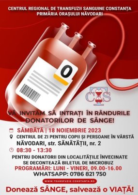 Acțiune de donare de sânge sâmbătă, 18 noiembrie, la Năvodari