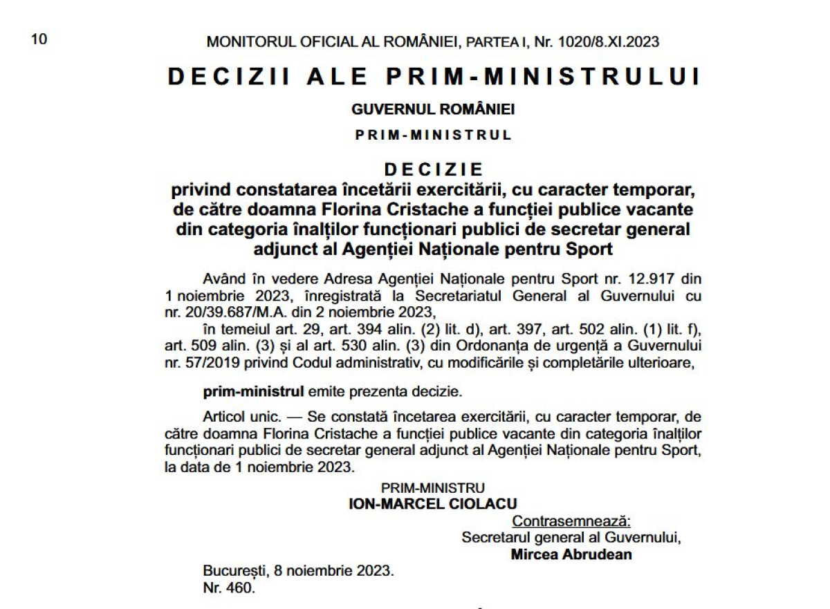 Florina Cristache a fost schimbata de la sefia Agentiei Nationale pentru Sport