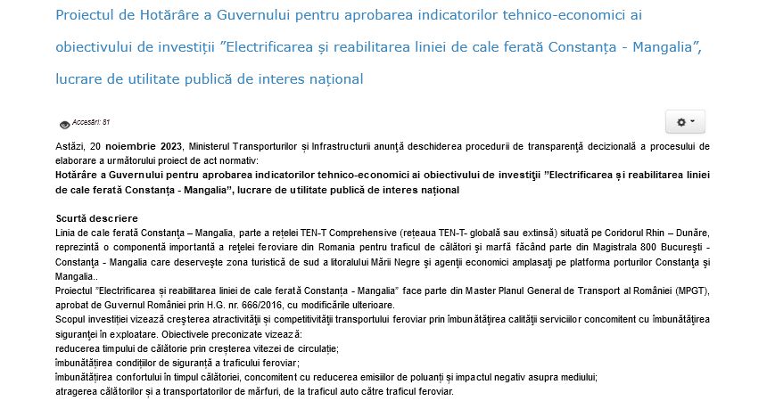 Dublarea si electrificarea linei de cale ferata Constanta &ndash; Mangalia costa 267 de mil. euro