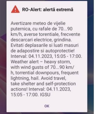 Mesaj Ro-Alert de vijelie, descărcări electrice și grindină, la Constanța