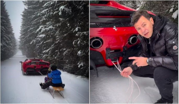 Un milionar clujean a tras trei copii cu sania legată de Ferrari