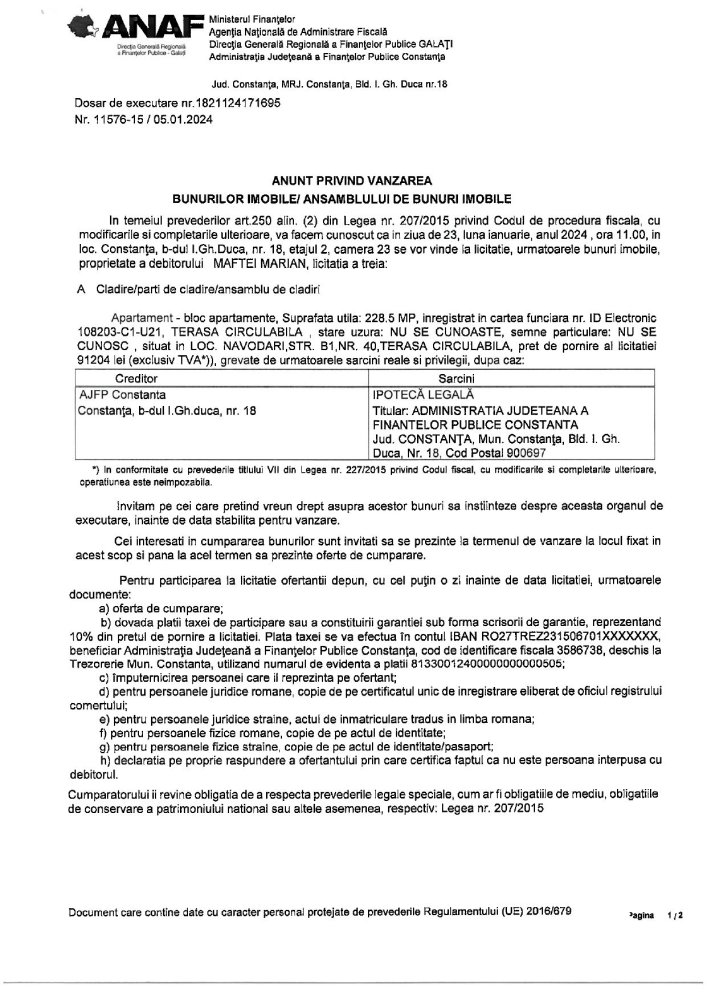 ANAF vinde apartamentul unui fost politician din Navodari 