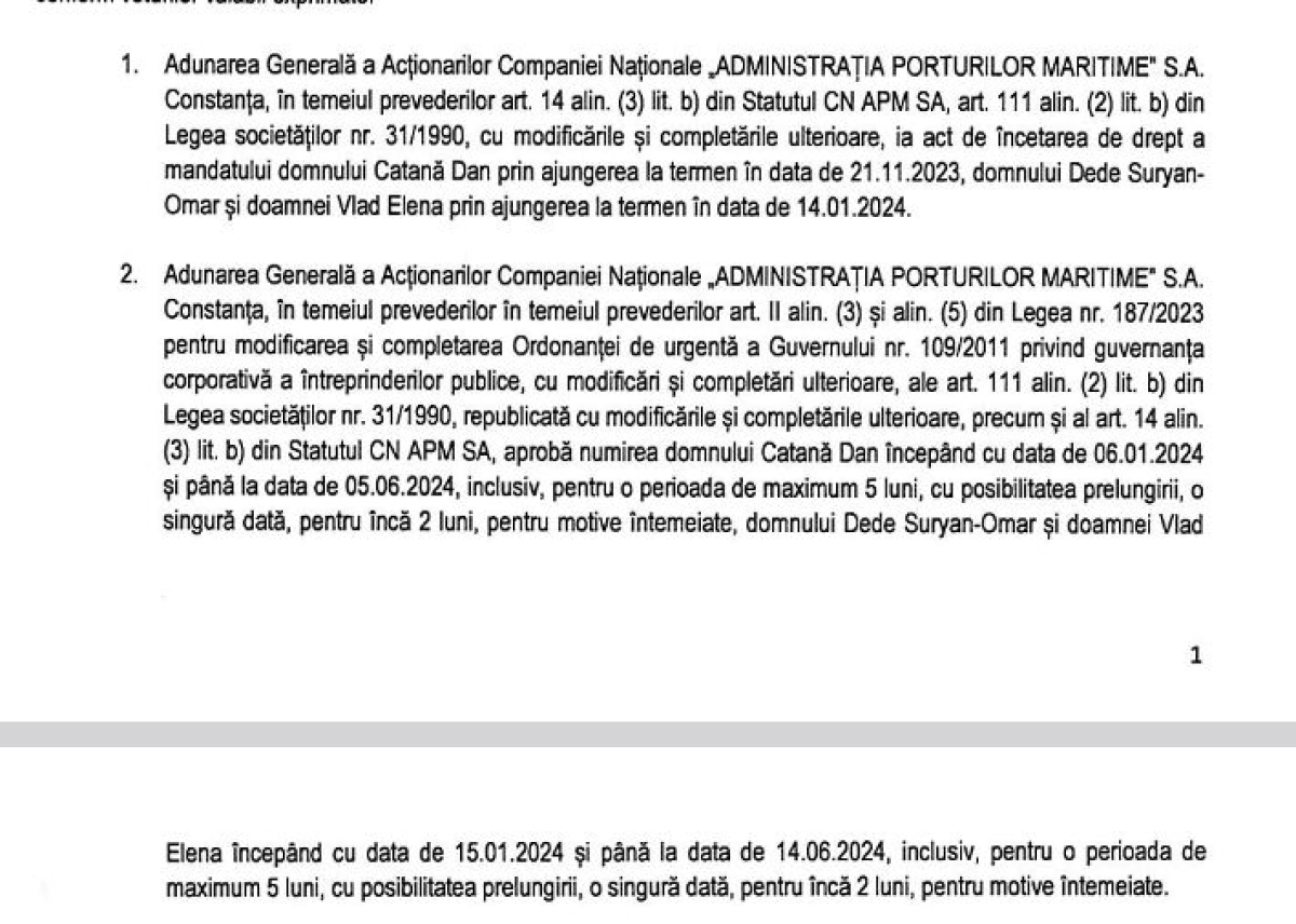 Au fost prelungite mandatele membrilor Consiliului de Administratie al Portului Constanta