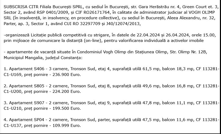 Lichidatorul judiciar a scos la vanzare alte patru apartamente de lux din Olimp, ale lui Catalin Scripcaru