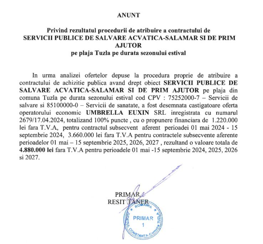 Cati bani plateste Primaria Tuzla pe serviciile de salvamar si prim ajutor in sezonul estival 