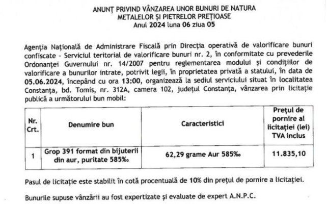 ANAF vinde aur mai ieftin ca la bijuterie. Vezi cu cât!