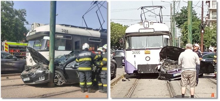 Bărbat rănit după ce mașina în care era a fost prinsă între un stâlp și un tramvai