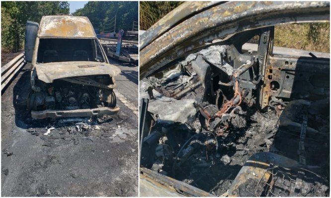 O dubă a luat foc în mers pe A1