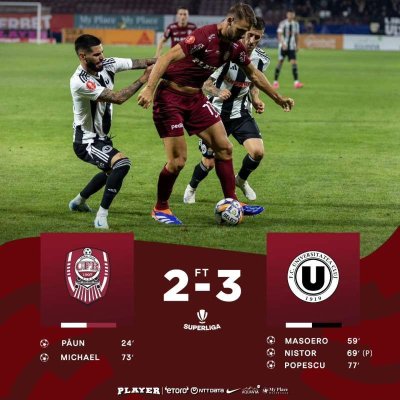 Universitatea Cluj a câştigat derby-ul cu CFR Cluj (3-2), chiar în Gruia
