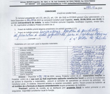 Consiliul local Cogealac, convocat în ședință extraordinară