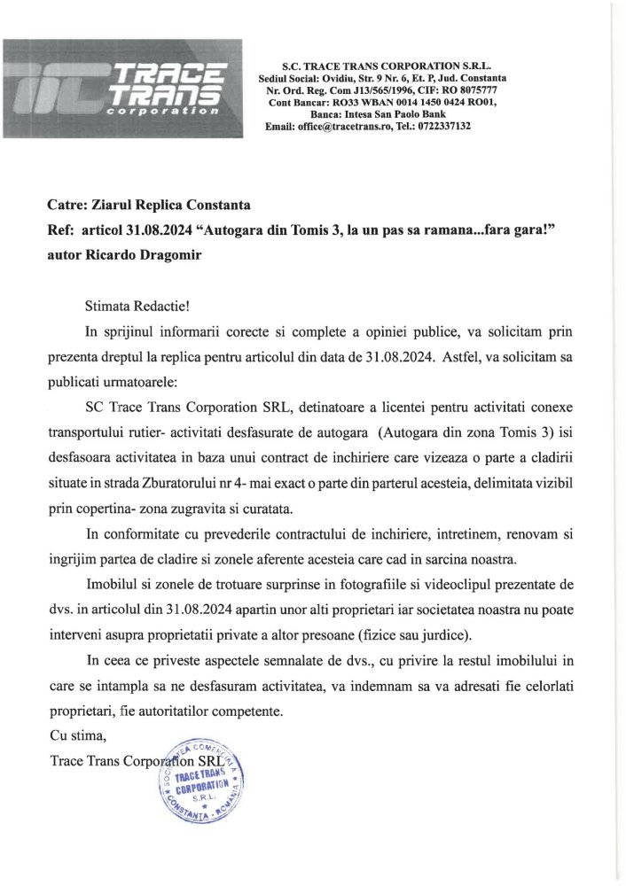 Drept la replica. SC Trance Trans Corporation SRL, despre starea Autogarii din Tomis 3