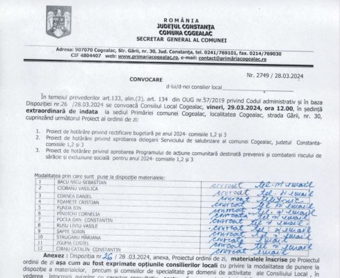 Consiliul local Cogealac, convocat în ședință extraordinară