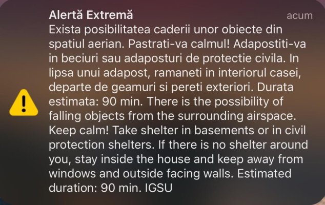 Mesaj RO-Alert la Tulcea: Există posibilitatea căderii unor obiecte din spaţiul aerian