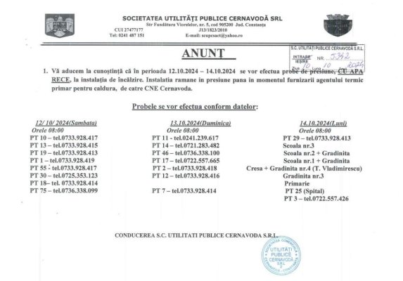 Anunț probe de presiune în Cernavodă