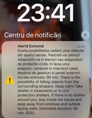 Mesaj RO-Alert în Tulcea, în timpul nopții: „Există posibilitatea căderii unor obiecte din spațiul aerian“