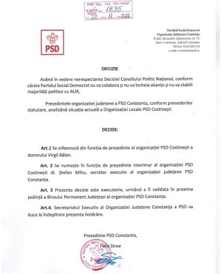 Bombă! Președintele PSD Costinești, eliberat din funcție, după ce a făcut alianță cu AUR!
