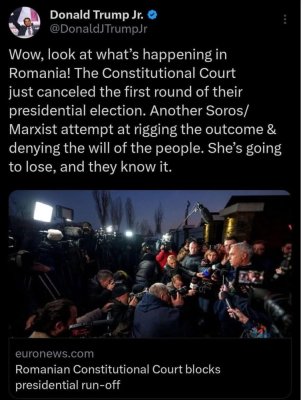 Donald Trump jr despre anularea alegerilor din România: O altă încercare Soros/marxistă de a manipula rezultatul și voința oamenilor