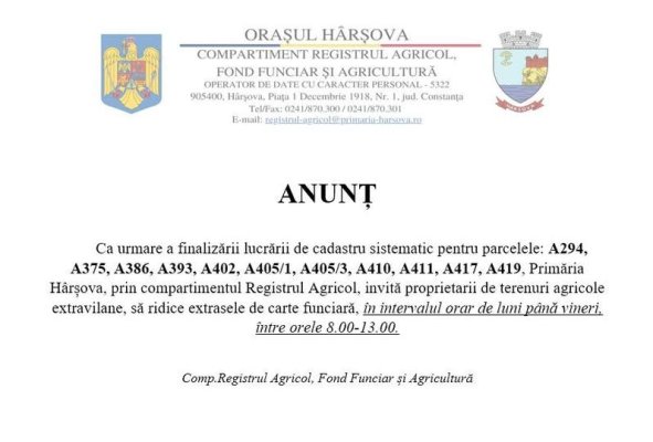 Primăria Hârșova, anunț pentru locuitori