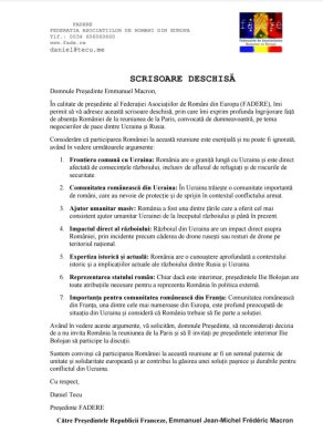  Președintele Federației Asociațiilor de Români din Europa i-a transmis lui Macron o scrisoare deschisă