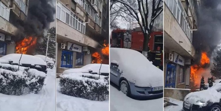 Incendiu într-un spațiu comercial aflat la parterul unui bloc din Ploiești