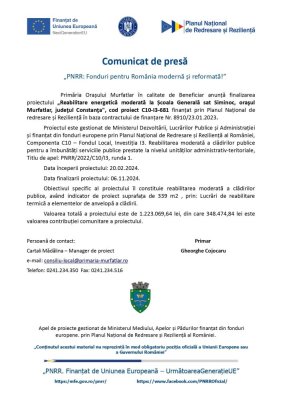 Primăria Orașului Murfatlar anunță finalizarea proiectului „Reabilitare energetică moderată la Școala Generală sat Siminoc, oraşul Murfatlar, judeţul Constanţa“