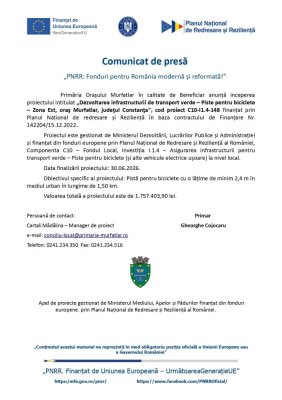 Primăria Orașului Murfatlar anunță începerea proiectului „Dezvoltarea infrastructurii de transport verde – Piste pentru biciclete – Zona Est, oraş Murfatlar, judeţul Constanţa