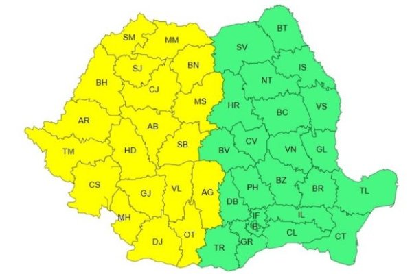 România, sub avertizare de cod galben de ploi, vijelii, grindină şi descărcări electrice
